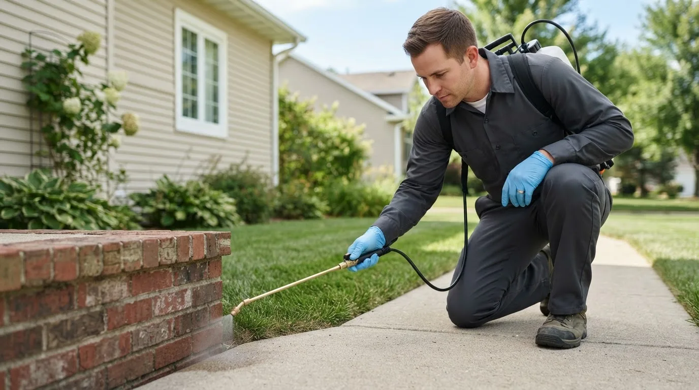 Pest control technician treating a home near Brusett, MT